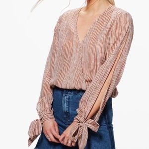 BOOHOO Emma Stripe Wrap Front Tie Sleeve Blouse